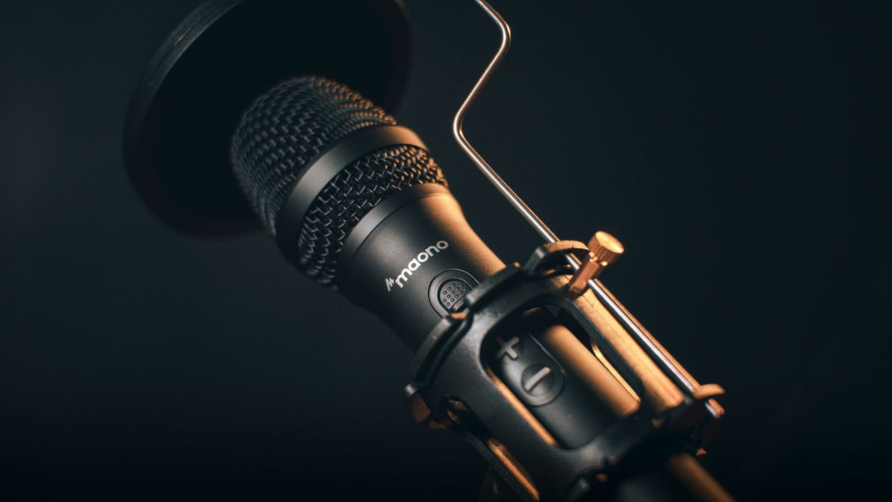 Detailed image of a professional black microphone with stand against a dark background.